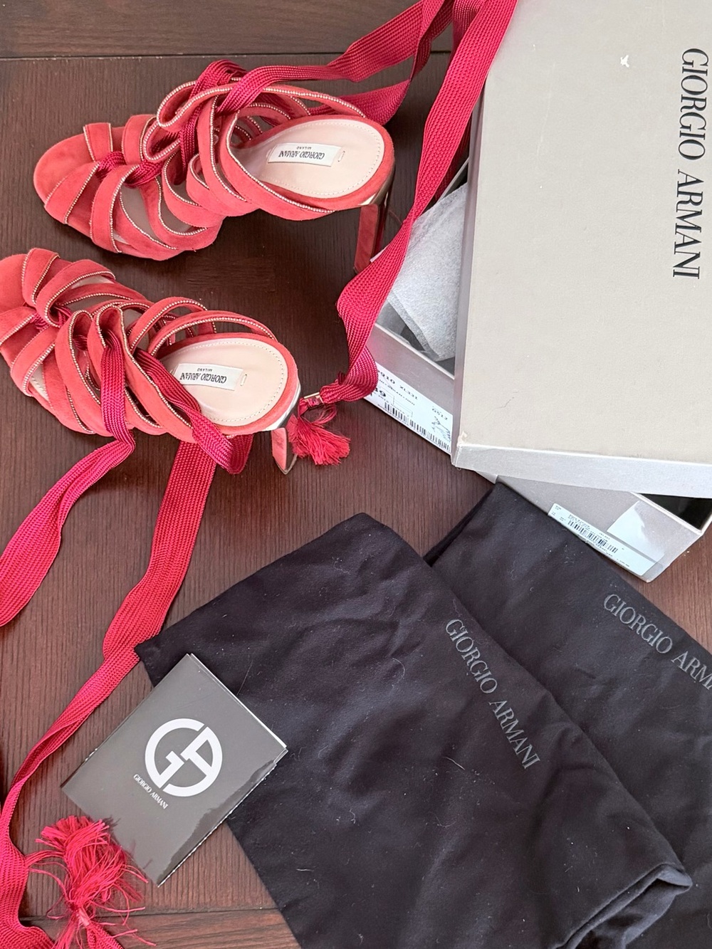 Giorgio Armani Red Suede Lace-Up Heeled Sandals